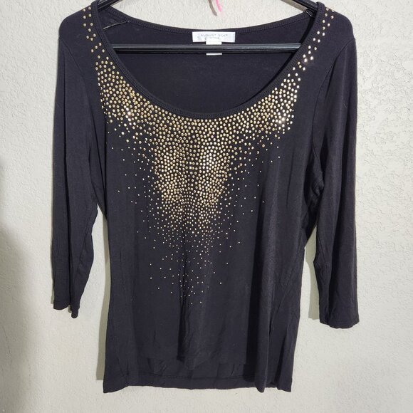 August Silk Womens Black quarter Sleeve Top W/ Gold Studded Design Large - Picture 1 of 12